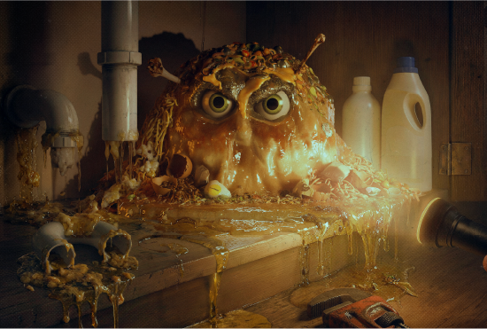 Kitchen creeper found under the kitchen sink after blocking and breaking the sink pipes