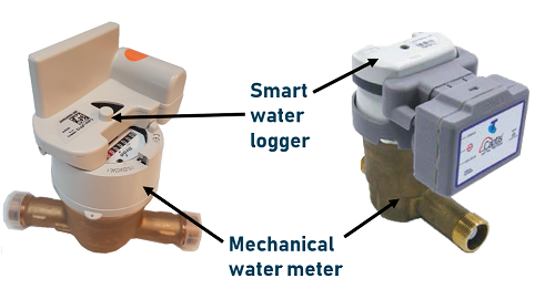 Images of two types of smart water loggers on top of existing mechanical meters