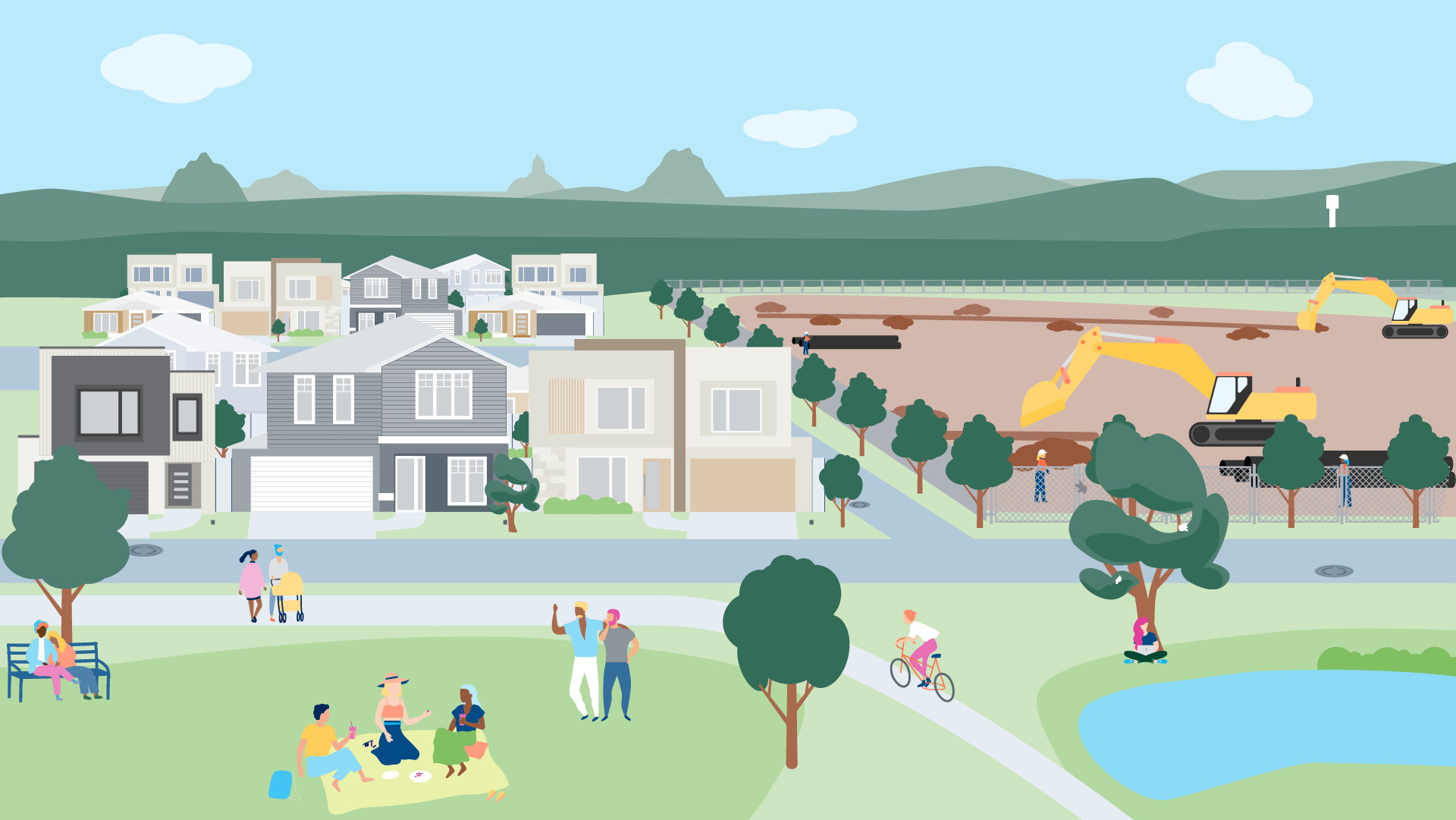 Landscape illustration showing development in a growing community Unitywater service