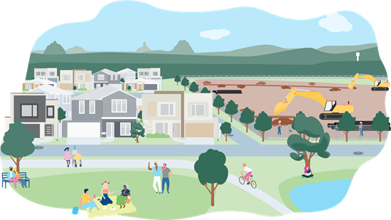 Landscape illustration showing development in a growing community Unitywater service