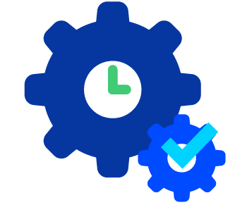 Icon of two cogs, one with a clock in the middle and the other with a tick in the middle