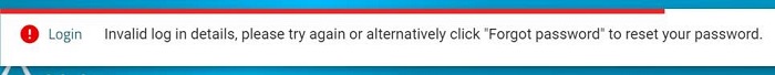 My Account invalid login details and forgot password message
