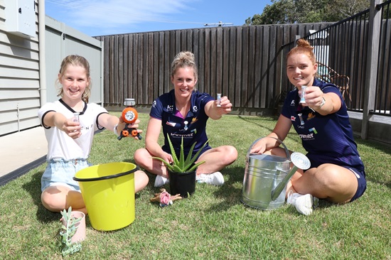 Dicky Beach resident Alice Garland, 12, and Sunshine Coast Lightning players Laura Scherian and Steph Wood are Local Water Legends
