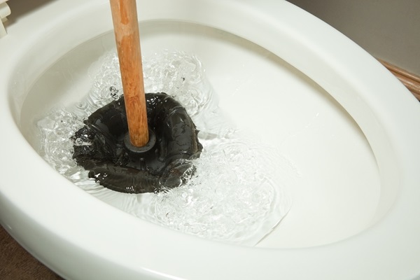 Blocked toilet with toilet plunger in bowl