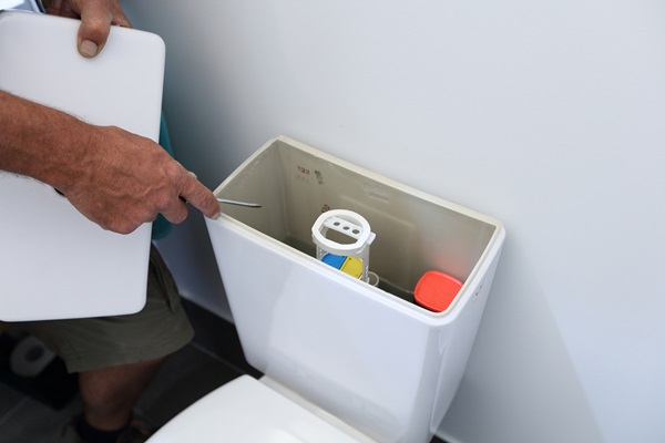 Plumber checking toilet cistern