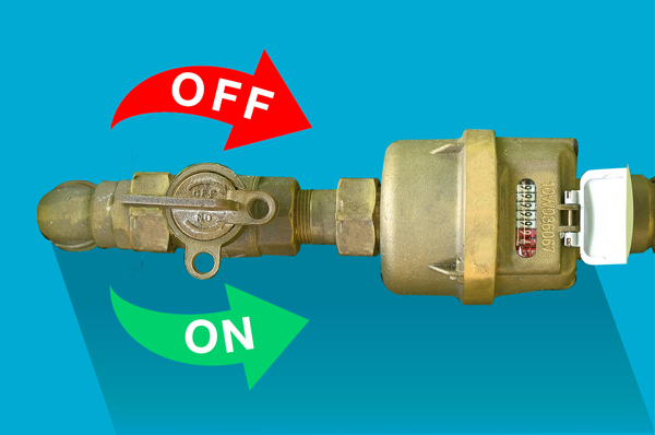 Image of water meter show how to turn stop tap lever handle on and off