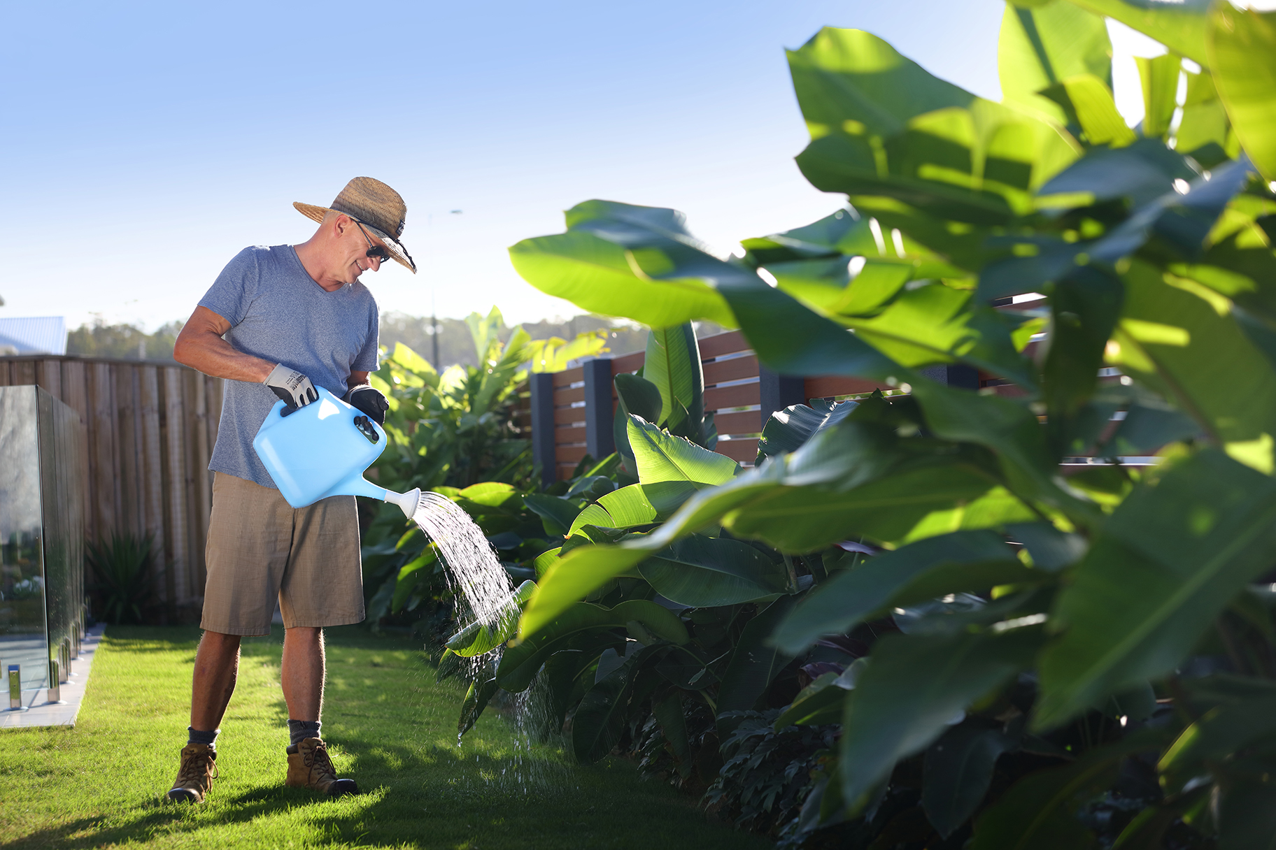 Man watering garden in residential garden